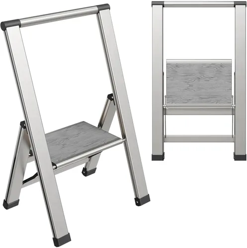 Miniatura 11 de Escalera plegable de 1 escalón, decorativa, hermosa caoba y aluminio negro, perfil ultra delgado, peldaños antideslizantes, resistente y portátil