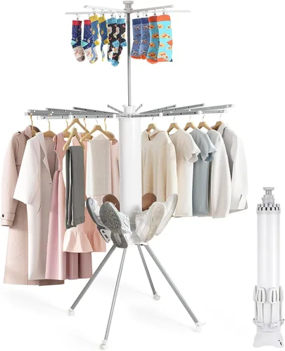 Estante de secado de ropa plegable de 4 patas, soporte portátil para lavandería con 20 clips y soportes para zapatos, estante doble de metal
