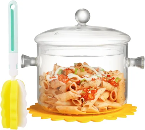 Miniatura 7 de Olla de Vidrio Transparente para Cocinar con Tapa, Cepillo y Almohadillas Térmicas de Silicona para Estufa - 1.5L (51oz) Olla de Vidrio
