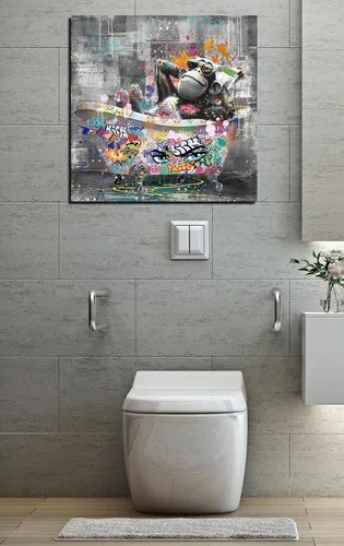 Miniatura 2 de Kepgonegu Arte de pared de baño, divertido gorila en la bañera, graffiti, arte de pared en blanco y negro, listo para colgar, tamaño 30 pulgadas