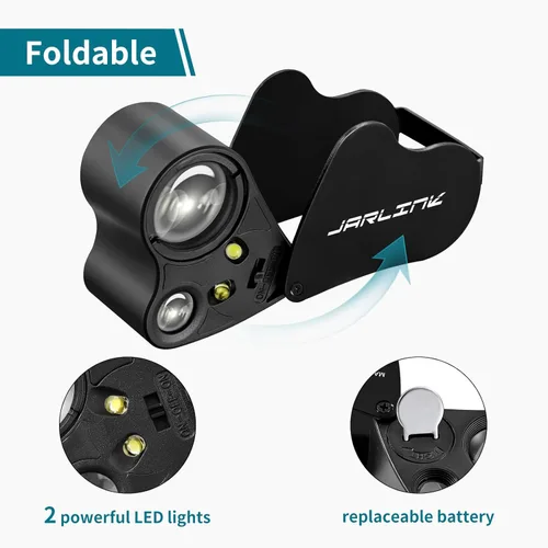 Miniatura 4 de Jarlink 30X 60X Lupa de ojo iluminada para joyeros, lupa plegable para joyería con luz LED brillante para gemas, joyas, monedas, sellos, etc Negro