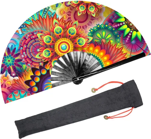 Miniatura 7 de Ventilador de mano plegable grande para mujeres/hombres, chino/japonés con bambú y tela de nailon, para actuaciones, decoraciones, bailes, fiestas