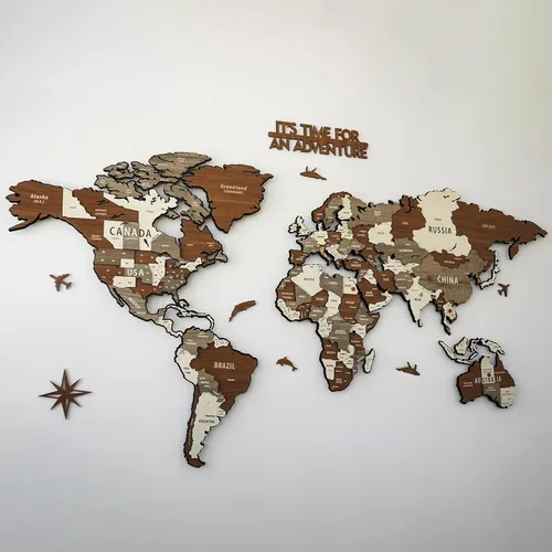 Miniatura 7 de Colorfull Worlds Mapa del mundo de madera y metal 3D montado, mapa de madera multicapa sobre base de metal, mapa artístico de pared de madera