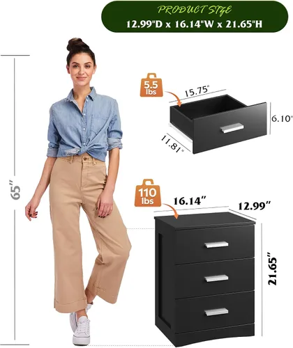 Miniatura 3 de WLIVE Black Night Stand with 3 Drawers, Small Wooden Nightstand, Bed Side Table for Bedroom, Living Room, Dorm, Modern Minimalist Bedside Table