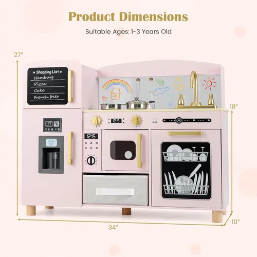 Miniatura 9 de INFANS Juego de cocina para niños, juego de juguetes de cocina de madera para niños pequeños con tablero de dibujo acrílico, máquina de hielo, Rosa