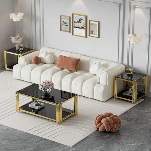 Miniatura 9 de Mesa de centro de cristal negro de 43 pulgadas, mesa moderna para sala de estar, acero inoxidable dorado, patas de metal, rectangular, de vidrio