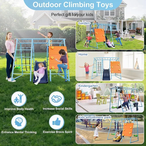 Miniatura 5 de Parque infantil interior 6 en 1, gimnasio de la selva de metal con pared de escalada, tobogán, barras horizontales, escaleras de cuerda y dos