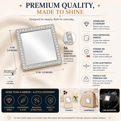 Miniatura 10 de Wireless City Espejo cuadrado para teléfono, espejo de maquillaje con diamantes dorados con circonita cúbica, adhesivo de espejo de 2.0 in