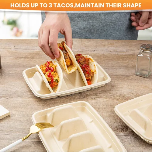Miniatura 3 de 25 soportes desechables para tacos para fiestas, platos de taco de fibra de pulpa de bagazo con 3 divisores, soporte para bandeja de tacos