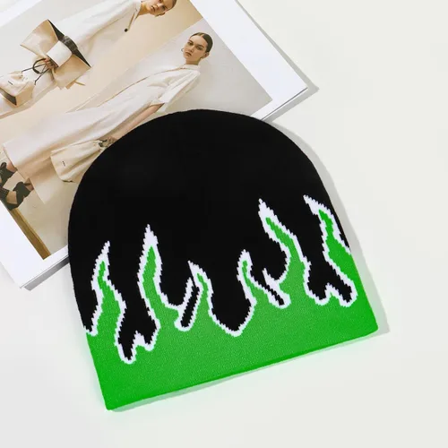 Miniatura 4 de Gorro de esquí de punto de llama verde, gorra de esquí Slouchy Rock Punk Skull Cap, Verde