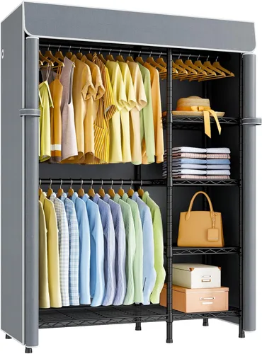 Miniatura 10 de ULIFHOME F2C - Perchero con funda, percheros para colgar ropa, perchero resistente con estantes y barras de suspensión, armario negro con cubierta