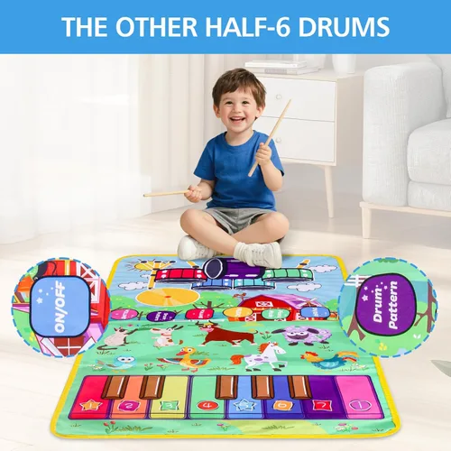 Miniatura 6 de Alfombrilla de piano con sonidos musicales de animales de granja para niños, juguete educativo sensorial de aprendizaje con batería para niños