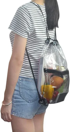 Miniatura 7 de Bolsa de cordón transparente impermeable con cordón para estadio, Negro (mesh black), M, Viajar