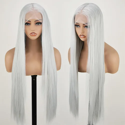 Miniatura 13 de SOKU 40" Super Long Straight Lace Front Wigs,13x6 Transparent Swiss Synthetic Lace Wig Pre Plucked,Natural Black Glueless Lace Front Wigs with Baby
