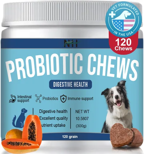 Probióticos para perros 120 masticables, enzimas y apoyo intestinal, antidiarrea, promueve la salud digestiva, alergias estacionales, sistema