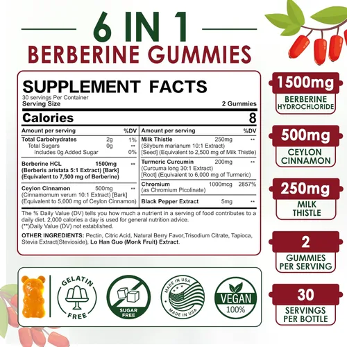 Miniatura 2 de Gomitas de berberina de 1500 mg sin azúcar, suplemento orgánico de berberina con canela de Ceilán, cromo, cúrcuma, cardo mariano para el metabolismo