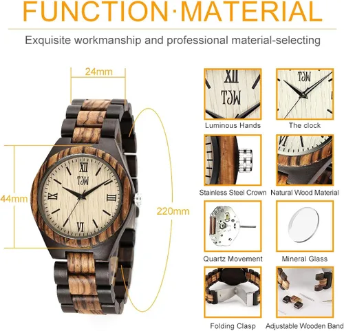 Miniatura 5 de TJW 6006 - Reloj de pulsera analógico de cuarzo para hombre, de madera, hecho a mano, informal.