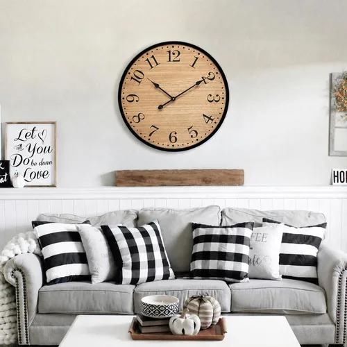 Miniatura 5 de Reloj de pared rústico para decoración de sala de estar, reloj de pared grande de 24 pulgadas con cara de madera marrón oscuro y marco de metal
