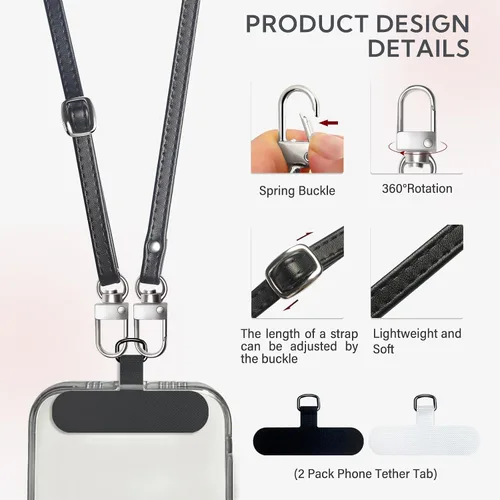 Miniatura 3 de Correa cruzada para teléfono con 2 almohadillas, cuero y correa de dedo ajustable, compatible con la mayoría de teléfonos inteligentes (negro)