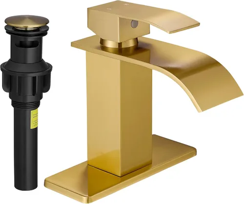 Miniatura 11 de Fransiton Grifo de baño de cascada de níquel cepillado, grifo de lavabo de una sola manija de 1 o 3 agujeros, grifo de lavabo con cubierta y drenaje