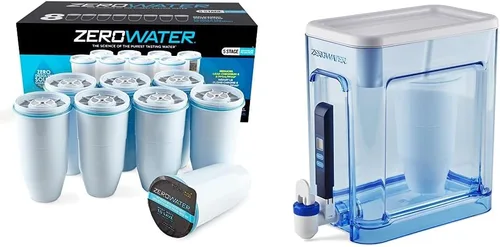 ZeroWater Filtro de repuesto oficial: sistema de filtración de agua de 5 etapas (paquete de 8) y dispensador de filtro de agua de 5 etapas listo
