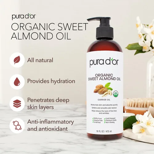 Miniatura 2 de PURA D'OR Aceite de Almendra Dulce ORGÁNICO de 16 Oz - 100% Puro y Natural Certificado USDA Prensado en Frío Aceite Portador Para Belleza DIY