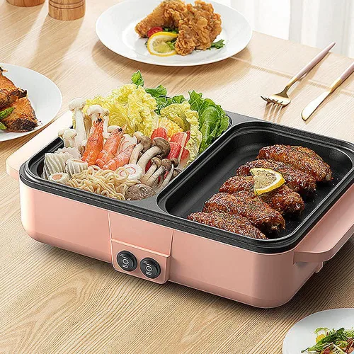 DENESTUS - Parrilla eléctrica portátil, olla eléctrica antiadherente 2 en 1 para interiores y sartén Teppanyaki para barbacoa, filetes, control de