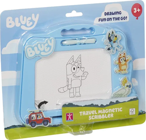 Bluey Travel - Almohadilla magnética para garabatos con bolígrafo y 3 sellos, dibuja y borra sin ensuciar, azul