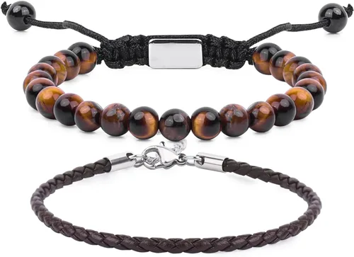 Miniatura 8 de Pulseras de cuentas negras para hombres y niños: 0.236 in de obsidiana ónix cuentas de lava para hombre conjunto de pulseras para hombre - Genial