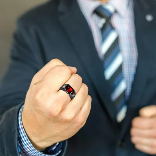 Miniatura 5 de Anillo ovalado de circonita cúbica 5A de corte múltiple para hombre, anillo de acero inoxidable 316L negro con gemas de cristal, anillo