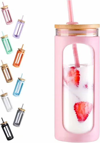 Miniatura 7 de Kodrine Vaso para agua de vidrio de 20 onzas con popote y tapa, botella de agua con tapas de bambú, taza para café helado, reutilizable, boca ancha