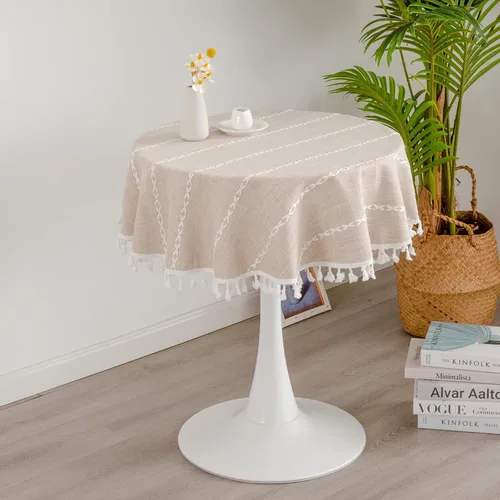 Miniatura 9 de Mantel redondo rústico pequeño lavable a rayas jacquard de lino resistente estilo granja con borlas para cocina, comedor, fiesta, decoración de Café