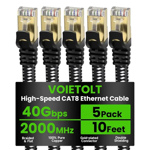 Miniatura 21 de Cable Ethernet Cat 8 de 20 pies plano, cable de Internet trenzado de alta velocidad de 40 Gbps 2000 MHz con RJ45 chapado en oro SSTP, cable LAN
