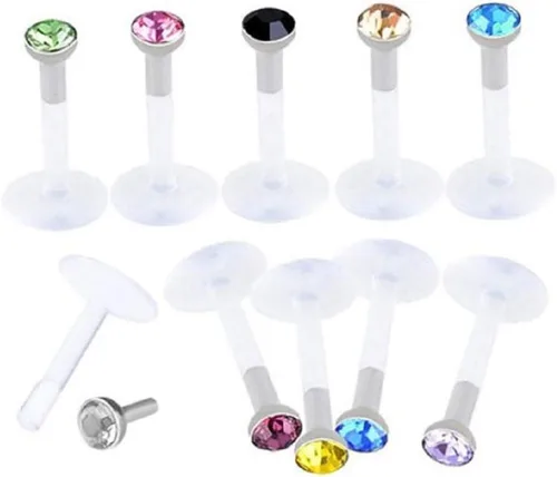 Tiande 10 Uds. 16G transparente UV Flexible acrílico 0.079 in CZ Gem Labret Monroe Lip Ring/Tragus/Helix/Cartiltilago Stud Barbell Body Piercing