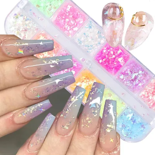Miniatura 5 de 12 rejillas de lentejuelas de uñas con purpurina, lentejuelas de uñas de acrílico 3D holográficas, copos de uñas de sirena irregulares, lentejuelas