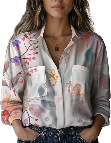 Miniatura 18 de Summer Tops for Women Lightweight Button Flowy Shirts Boho Long Sleeve Blouses Casual Clothes with Pockets