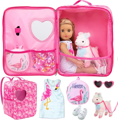 Ecore Fun Bolsa de transporte para muñecas de 18 pulgadas con ropa y accesorios, incluyendo vestido, zapatos de tela blanca, mochila para muñecas,