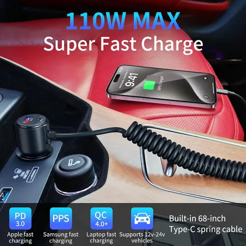 Miniatura 2 de Cargador retráctil de coche de 110 W, adaptador de encendedor de cigarrillos de 3 puertos, cable USB C retráctil de 5.7 pies, cargador de coche USB