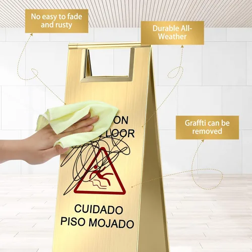 Miniatura 3 de Kigley 2 piezas señal de piso mojado, señal de precaución de piso mojado de acero inoxidable de 24 pulgadas, doble cara, portátil, plegable, señal