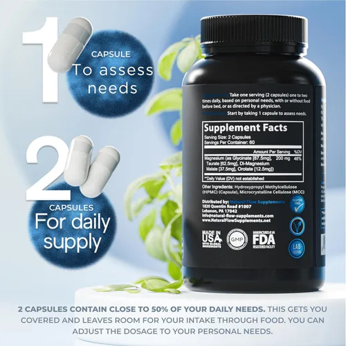 Miniatura 3 de Suplemento Complejo de Magnesio Natural Flow 4X – 200 mg Elemental Mg – Glicinato, Taurato, Malato y Orotato – Calma, Sueño y Apoyo Muscular – Sin
