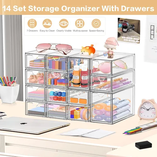 Miniatura 3 de Organizador de escritorio con 14 cajones, 14 paquetes de acrílico apilable, organizador de maquillaje, caja de almacenamiento transparente