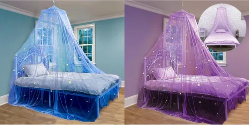 Bollepo Toldo de cama azul y morado para niñas con unicornios + estrellas brillantes, decoración de habitación de red de cuna de princesa, cortinas