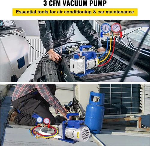 Miniatura 2 de VEVOR 3CFM 1/4HP Bomba de vacío de aire de una sola etapa HVAC R134a R12 R22 R410a Kit de refrigeración para A/C. Juego de manómetros de colector AC