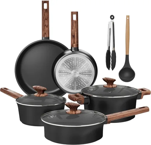 Kitchen Academy Juego de ollas y sartenes de cerámica antiadherentes, juego de 10 utensilios de cocina de inducción no tóxicos, juego de sartenes de