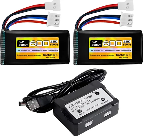 sea jump Batería Lipo de 2 piezas 7.4V 600mAh 35C 2S con enchufe Molex y cargador 1trailer2 adecuado para FMS FCX24 RC coches, camiones, vehículos