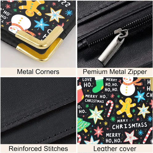 Miniatura 4 de Libros de servidor para mesera - Cartera de cuero PU marrón con bolsillo con cierre, motivo navideño; lindo organizador para meseros con bolsillo