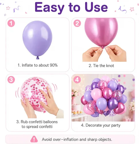 Miniatura 6 de Globos rosados y morados, 50 unidades de 12 pulgadas, globos de confeti, globos de látex metálicos rosados y morados con cinta, globos de fiesta