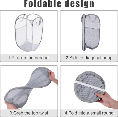Miniatura 7 de Kimmama Cesta de lavandería plegable grande de malla, plegable con bolsillo lateral, contenedor de almacenamiento de ropa extraíble con asa
