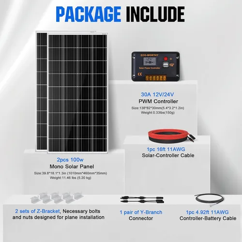 Miniatura 6 de ECO-WORTHY - Kit de panel solar de 200 W, 12 V/24 V con panel solar monocristalino de alta eficiencia y controlador de carga PWM de 30 A para RV