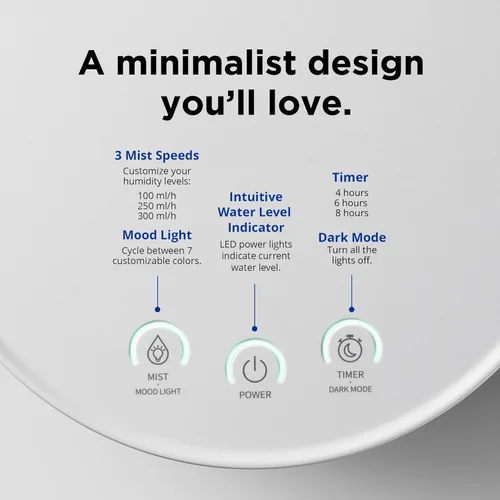 Miniatura 6 de Carepod One Plus Humidificador de Acero Inoxidable para Habitación Grande con Luz de Ambiente, Silencioso y Seguro para Bebé, Solo 3 Partes Blanco